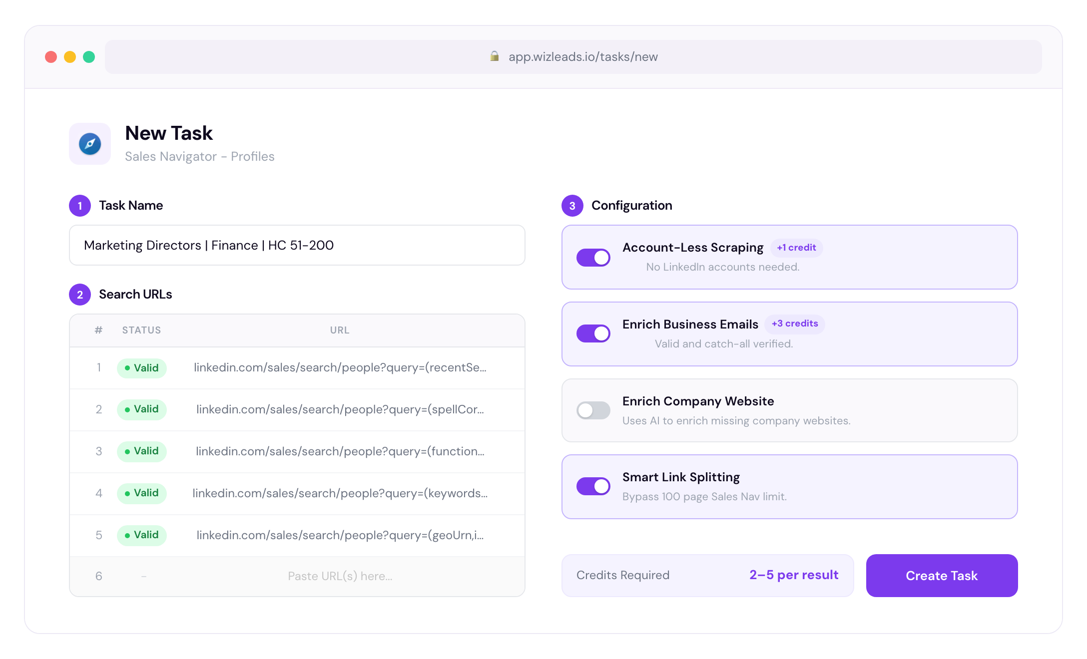 WizLeads Sales Navigator scraper dashboard showing task setup with search URLs and configuration toggles