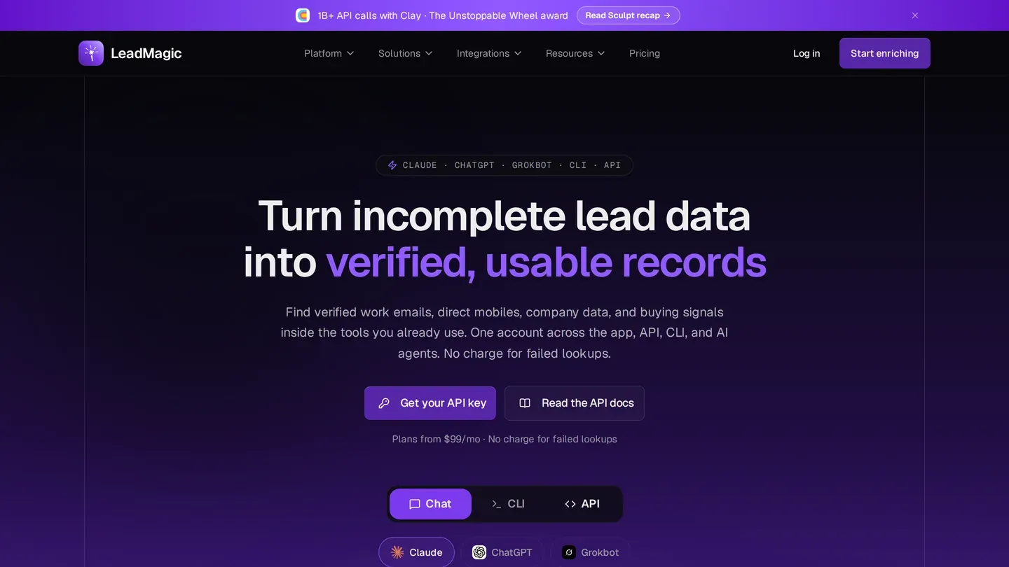 LeadMagic homepage: Turn incomplete lead data into verified, usable records, with an API key button