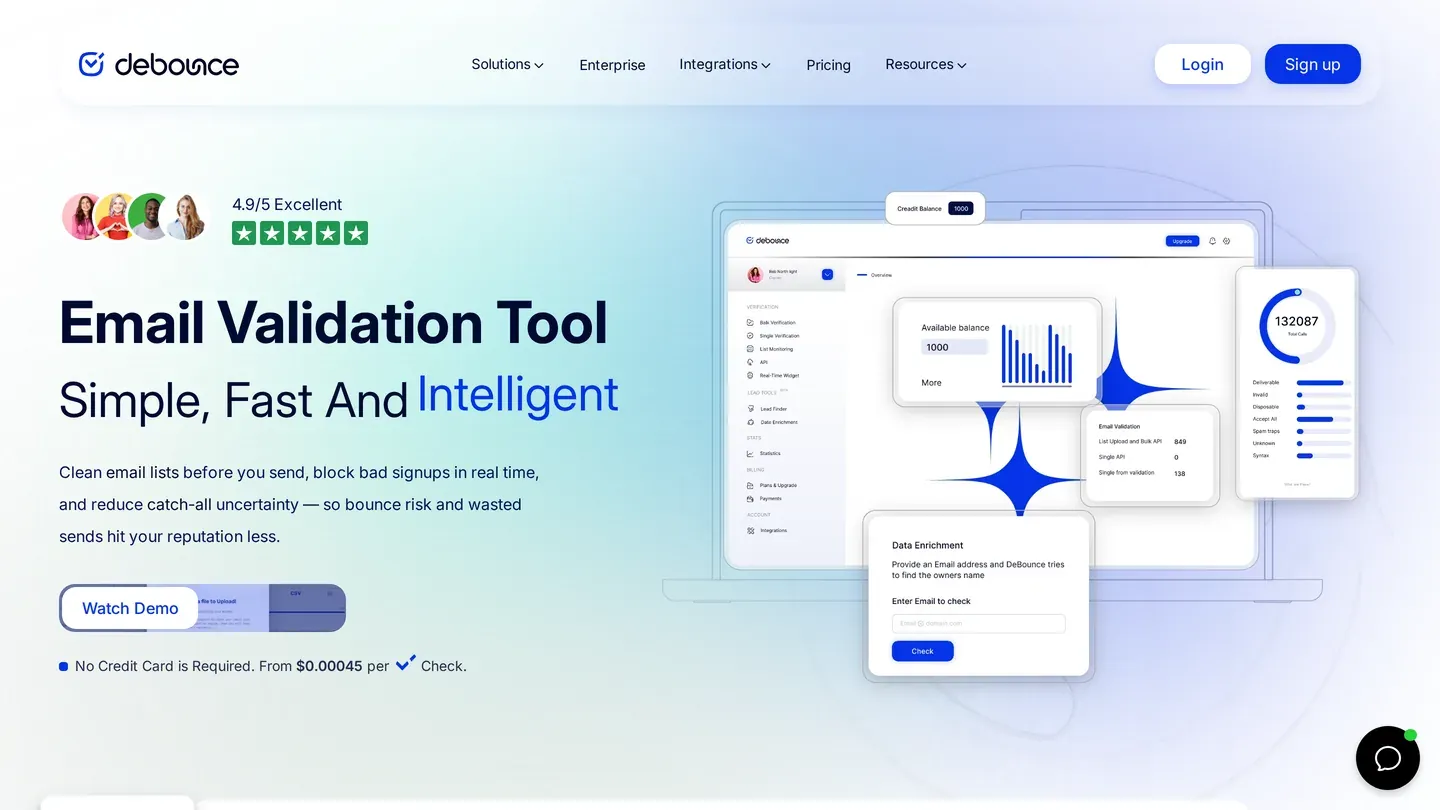 Debounce homepage: Email Validation Tool, with a Watch Demo button and a product dashboard