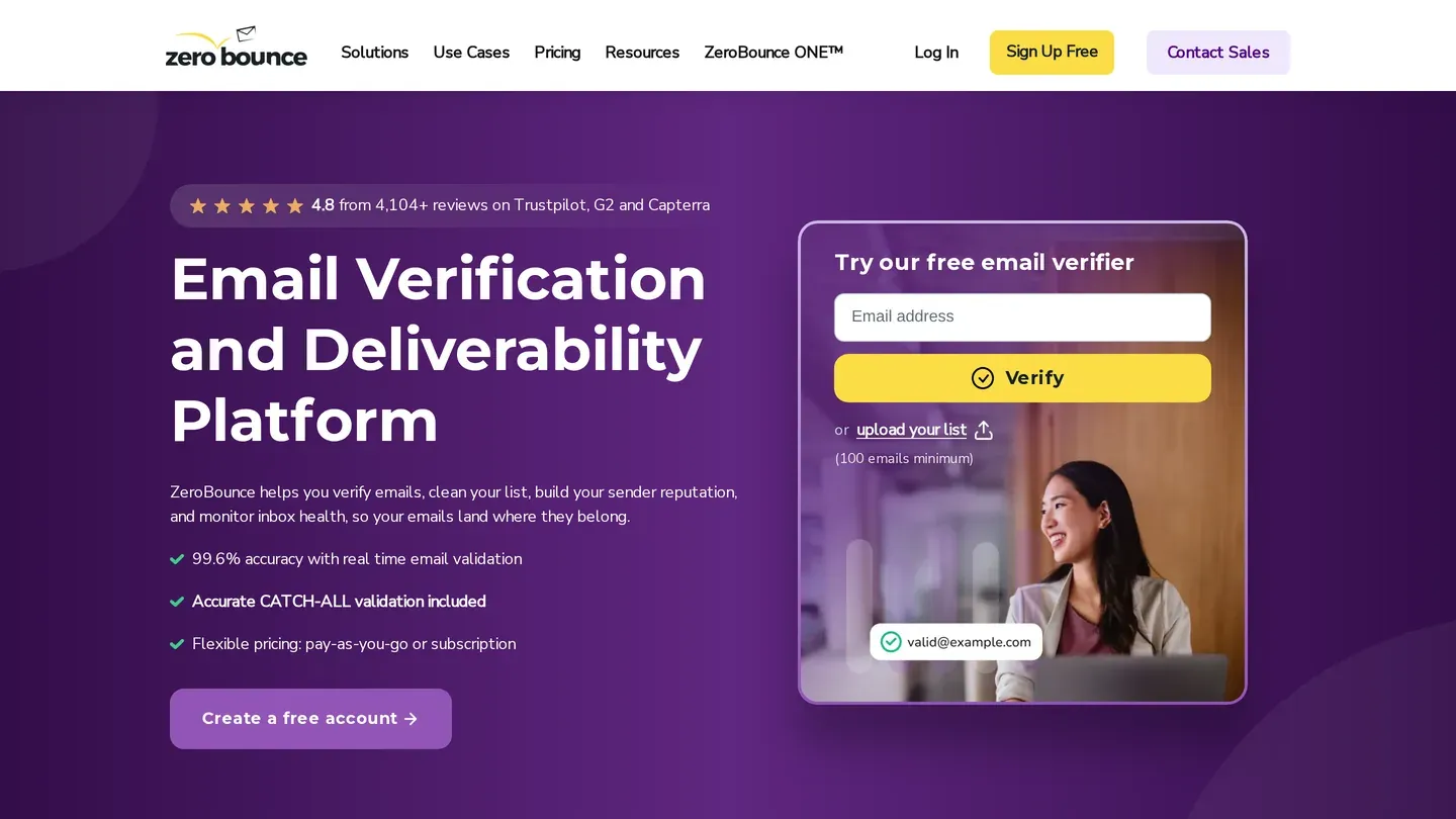 ZeroBounce homepage: Email Verification and Deliverability Platform, with a free email verifier box
