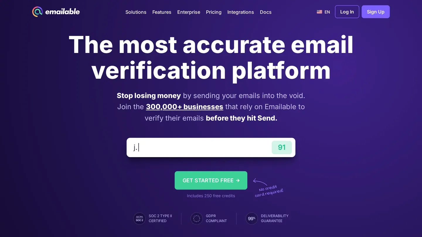 Emailable homepage with an email check box and a Get Started Free button