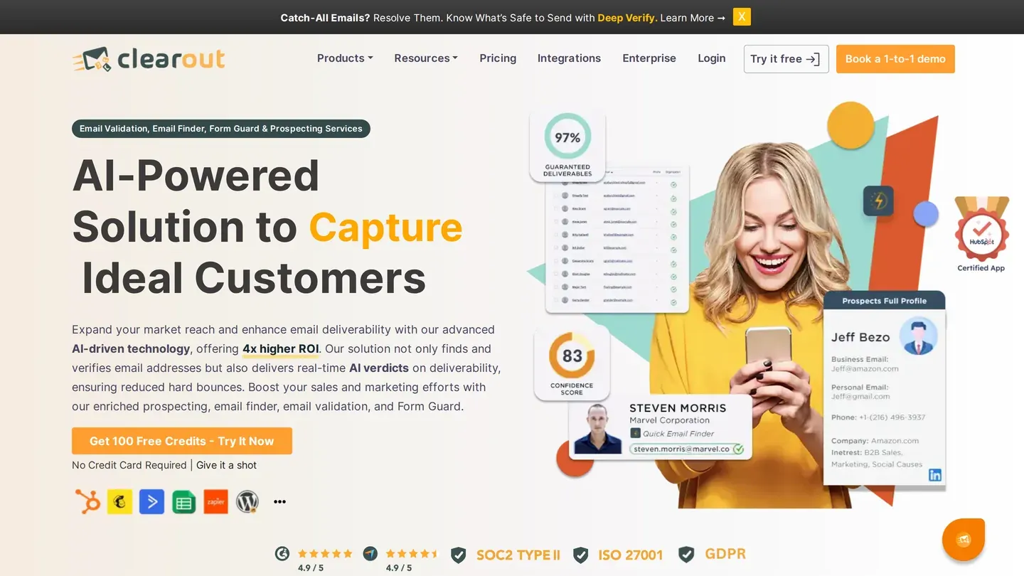 Clearout homepage with prospect cards and a Get 100 Free Credits button