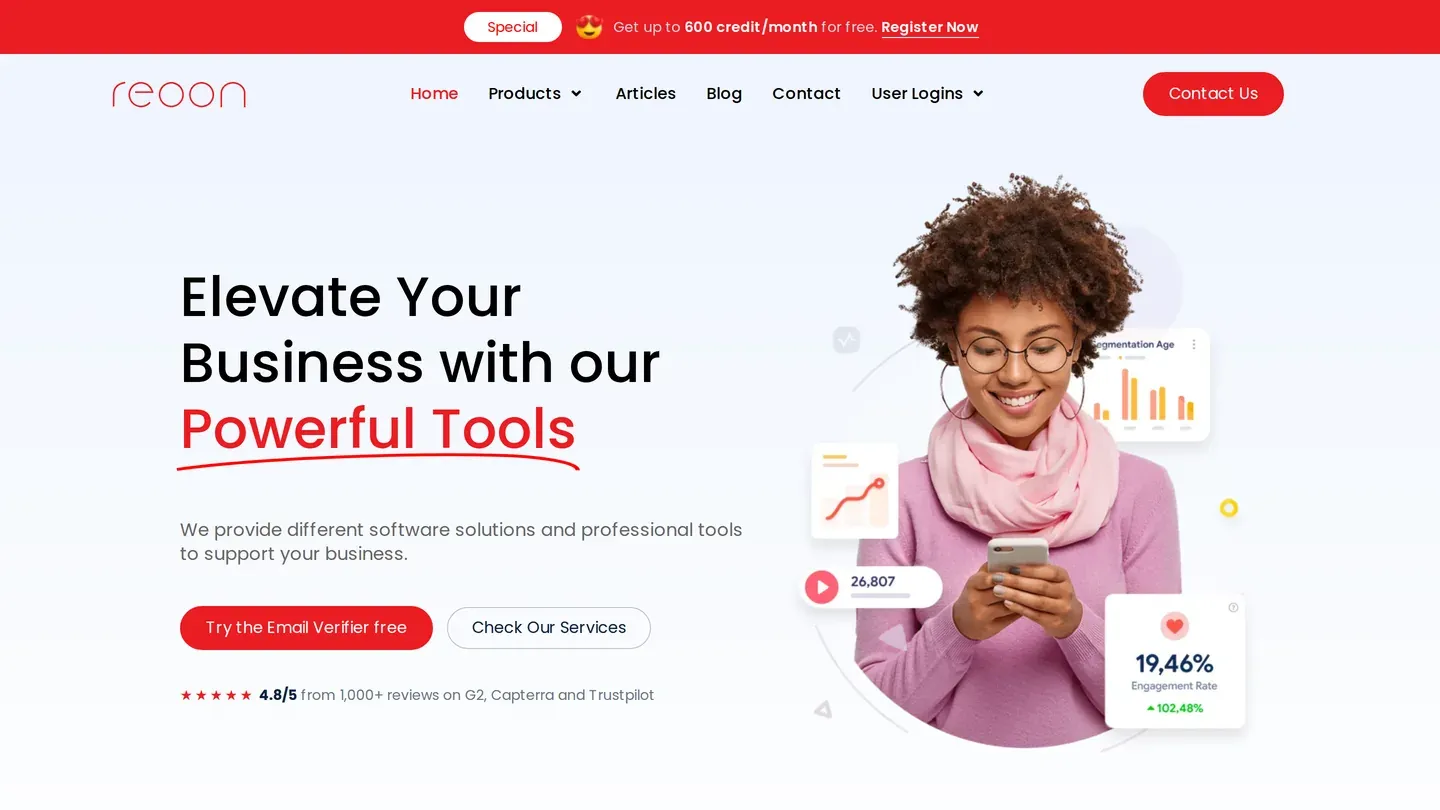 Reoon homepage: Elevate Your Business with our Powerful Tools, with a Try the Email Verifier free button