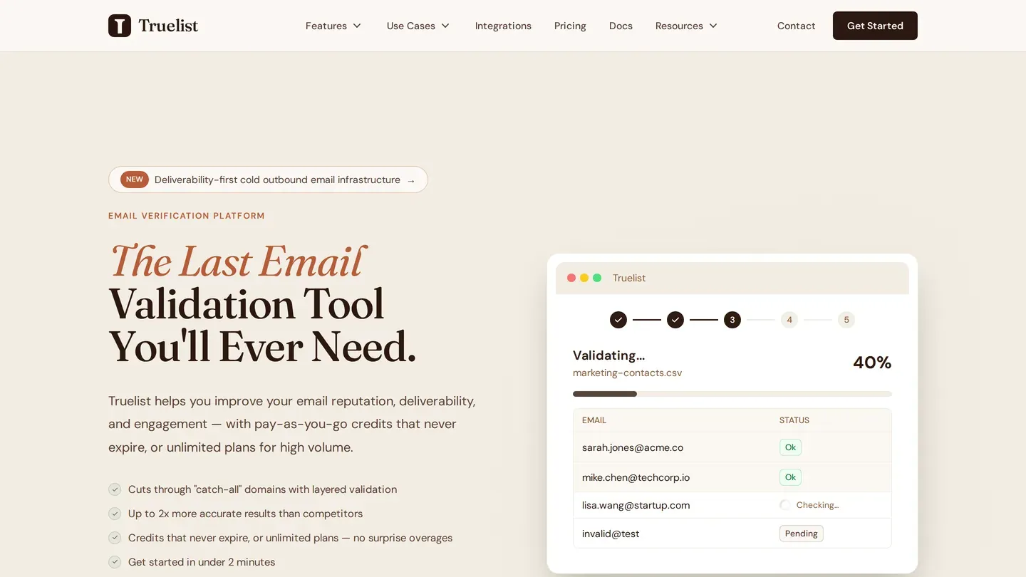 Truelist homepage: an email validation platform headline beside a list validation progress card