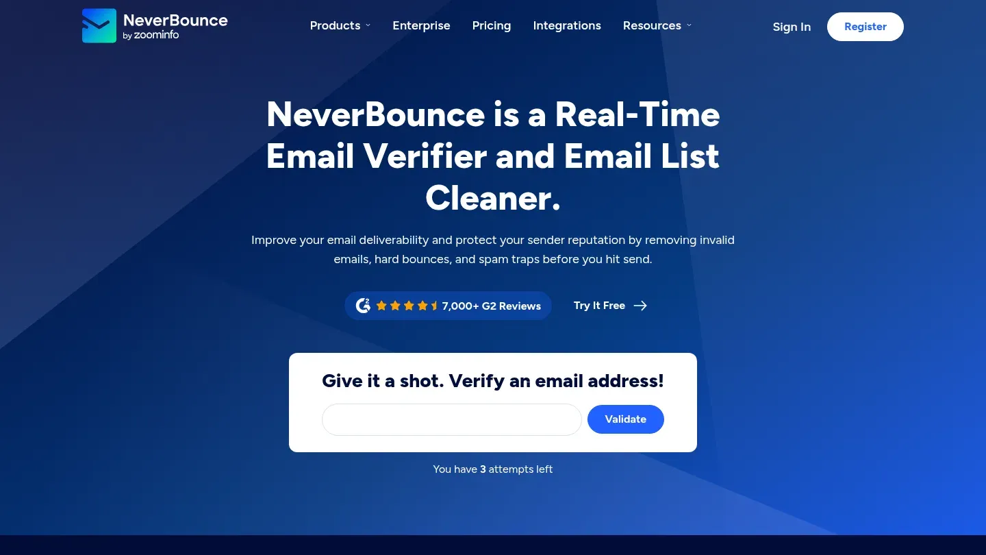 NeverBounce homepage with the headline NeverBounce is a Real-Time Email Verifier, a G2 badge and a free verify box