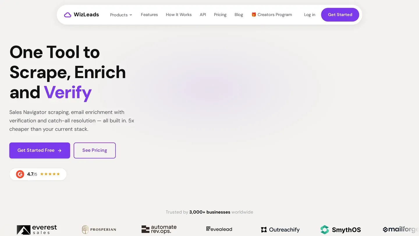 WizLeads homepage: One Tool to Scrape, Enrich and Verify, with Get Started Free and See Pricing buttons