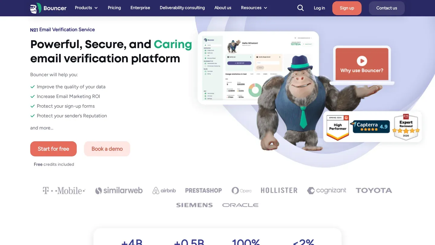 Bouncer homepage with a mascot illustration and a Start for free button